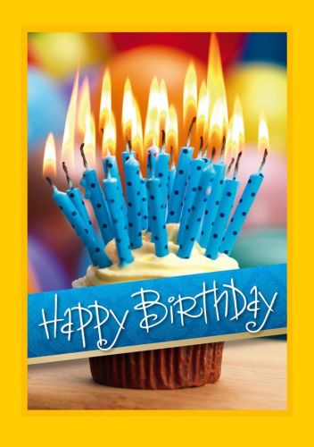 Geburtstagskarte mit Cupcake und blauen Kerzen