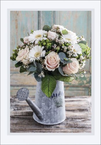 Neutrale Fotokarte mit Blumen in Spritzkanne