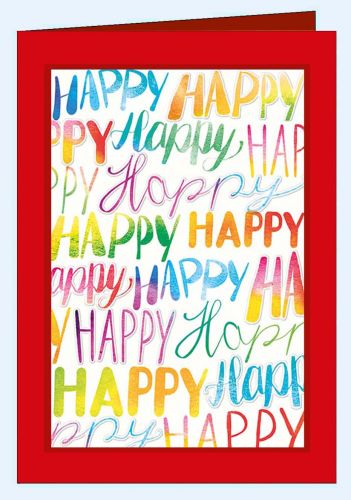 Rote Geburtstagskarte mit farbigem Wort Happy