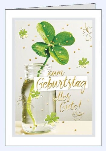 Geburtstagskarte vierblättriges Kleeblatt in Vase 