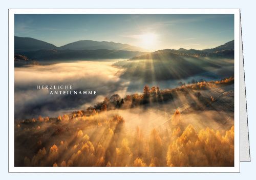 Trauerkarte Sonnenuntergang Herbstwald und Nebel