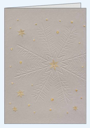 Graue Weihnachtskarte mit goldigen Schneesternen