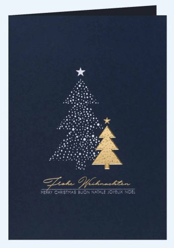 Blaue Weihnachtskarte zwei Christbäume