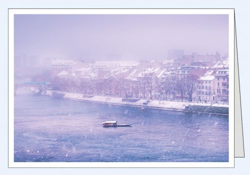 Foto Weihnachtskarte Basel Rhein im Schneegestöber